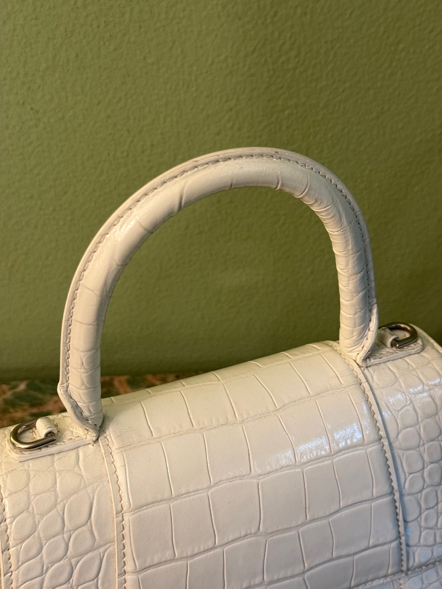 BALENCIAGA WHITE EMBOSSED CROCODILE SMALL HOURGLASS HANDBAG