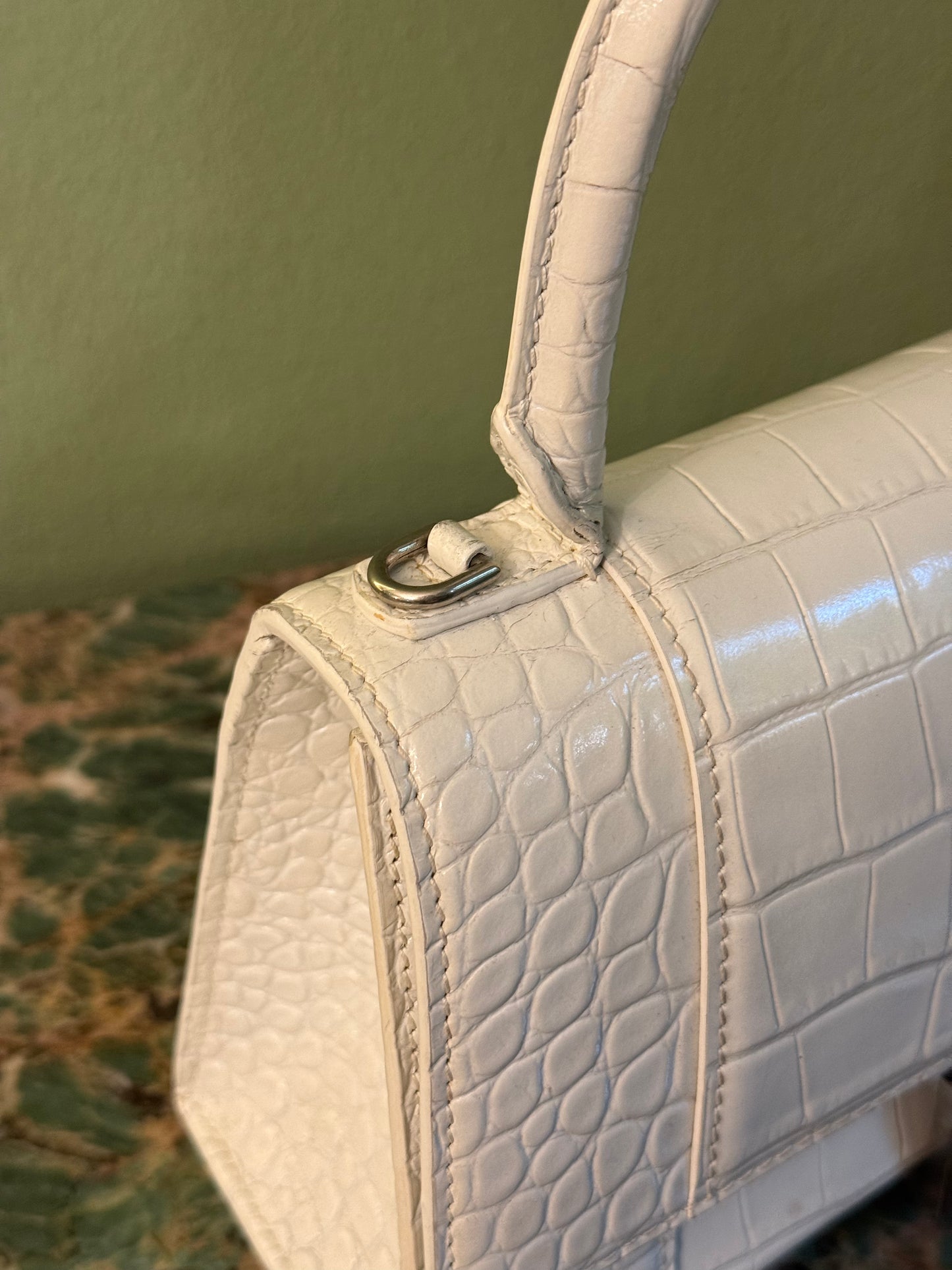 BALENCIAGA WHITE EMBOSSED CROCODILE SMALL HOURGLASS HANDBAG