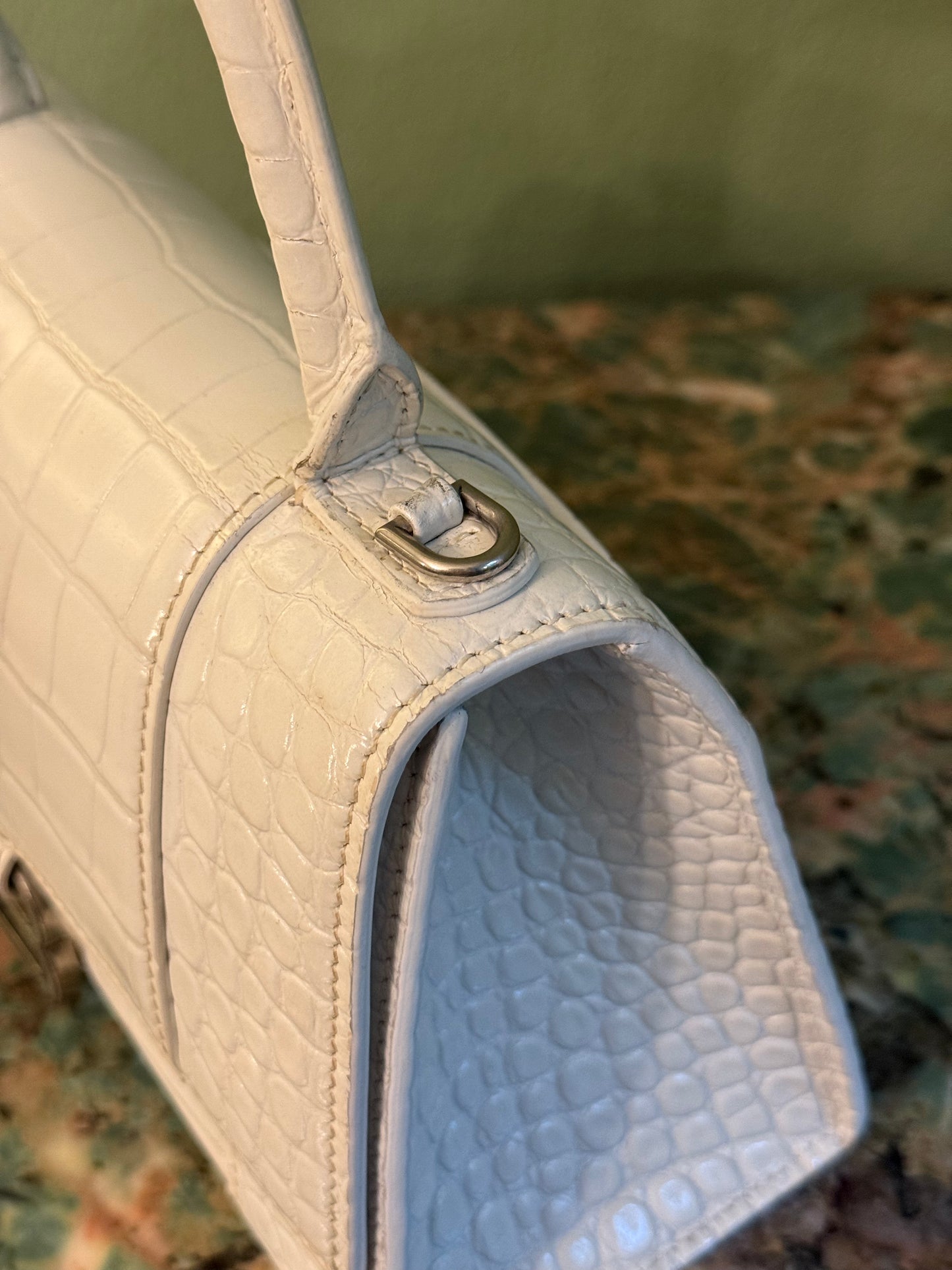 BALENCIAGA WHITE EMBOSSED CROCODILE SMALL HOURGLASS HANDBAG