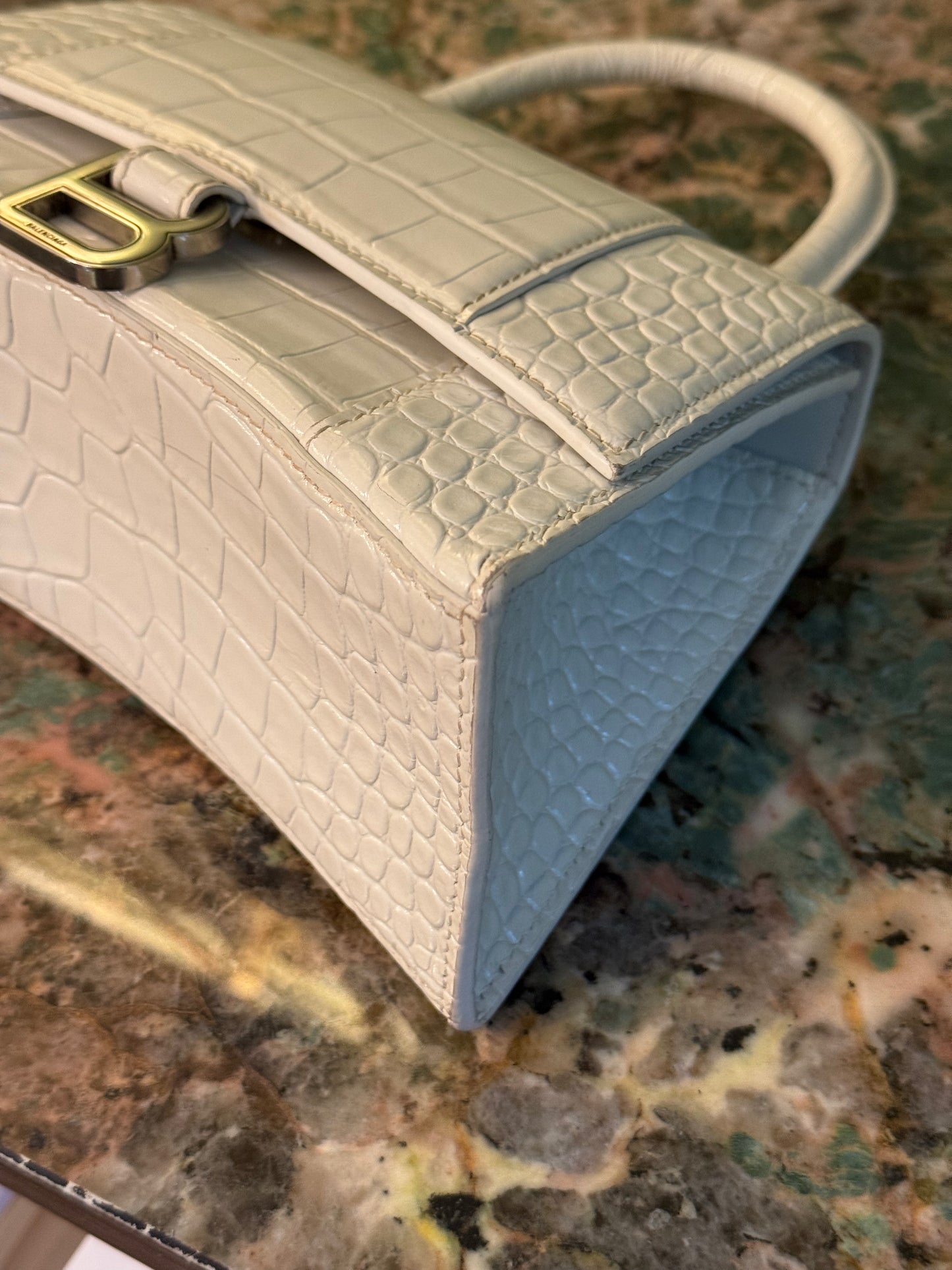 BALENCIAGA WHITE EMBOSSED CROCODILE SMALL HOURGLASS HANDBAG