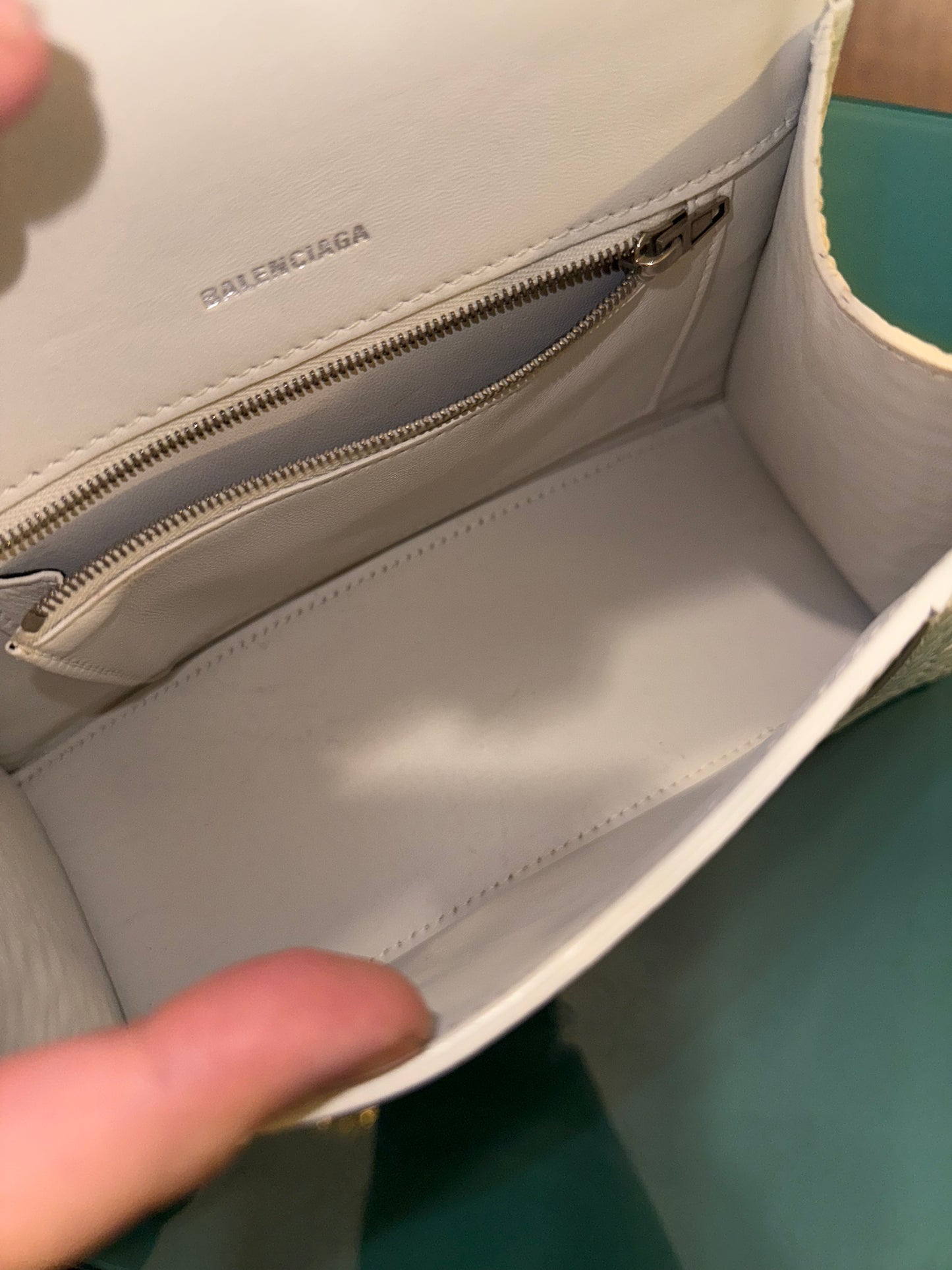 BALENCIAGA WHITE EMBOSSED CROCODILE SMALL HOURGLASS HANDBAG