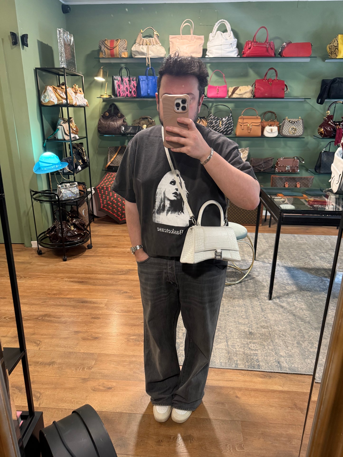 BALENCIAGA WHITE EMBOSSED CROCODILE SMALL HOURGLASS HANDBAG