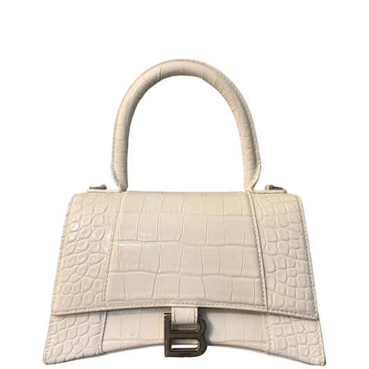 BALENCIAGA WHITE EMBOSSED CROCODILE SMALL HOURGLASS HANDBAG