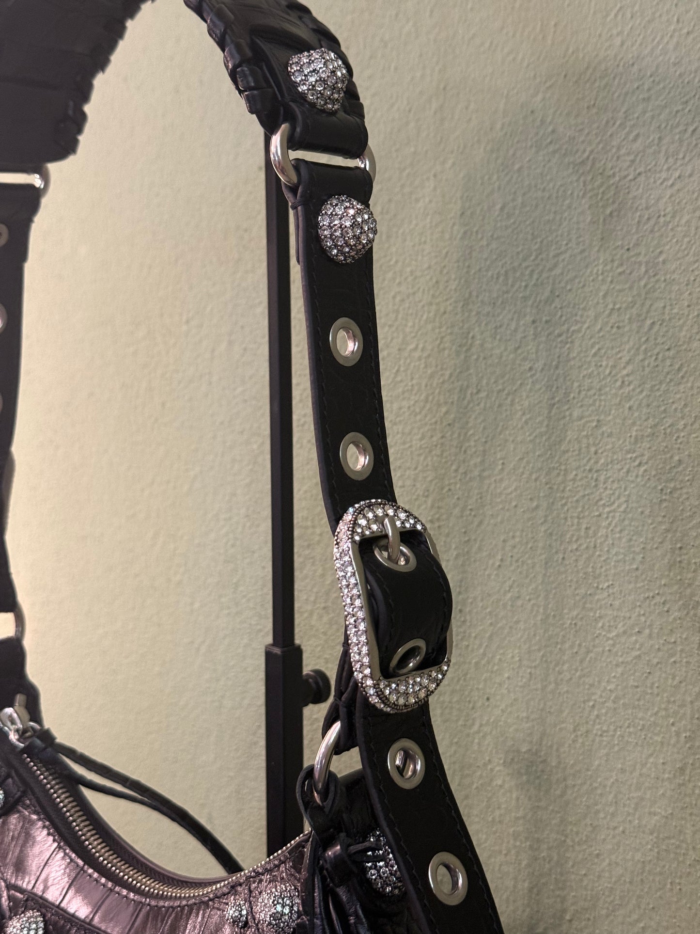 BALENCIAGA BLACK EMBOSSED CROCODILE WITH STRASS LE CAGOLE XS SHOULDER BAG