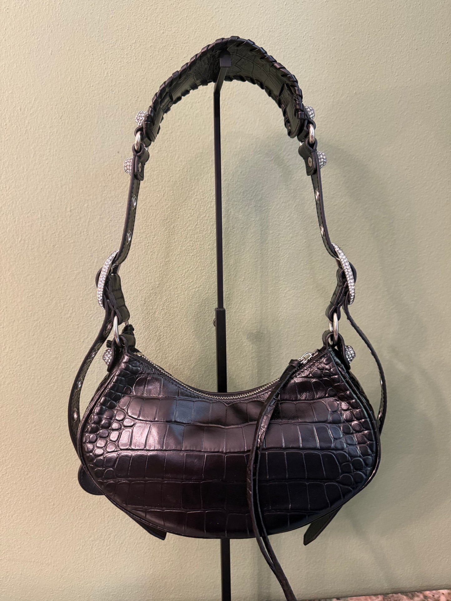 BALENCIAGA BLACK EMBOSSED CROCODILE WITH STRASS LE CAGOLE XS SHOULDER BAG