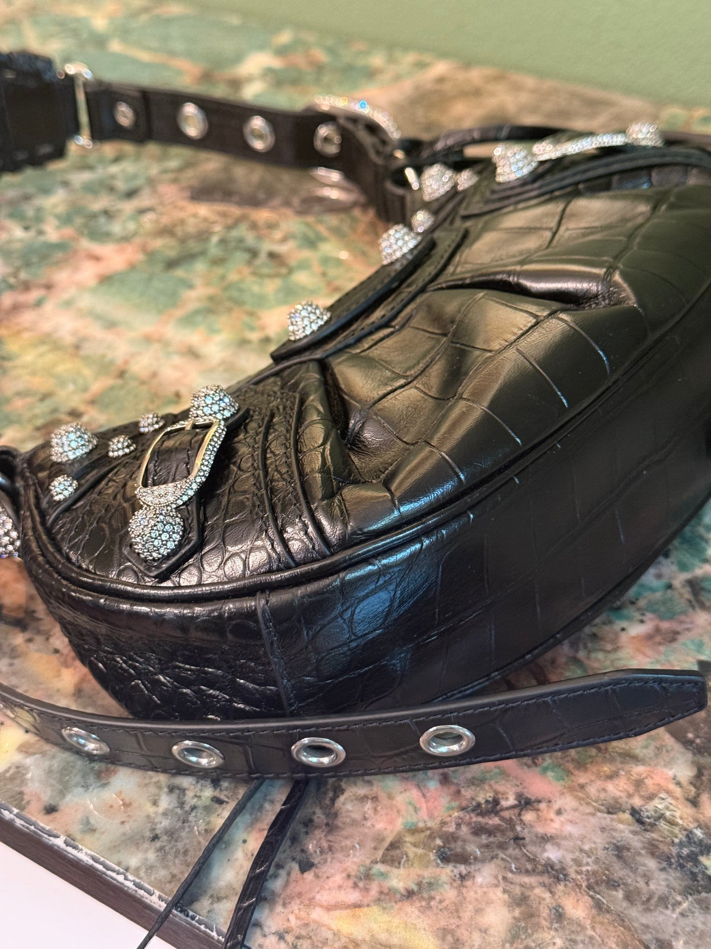 BALENCIAGA BLACK EMBOSSED CROCODILE WITH STRASS LE CAGOLE XS SHOULDER BAG