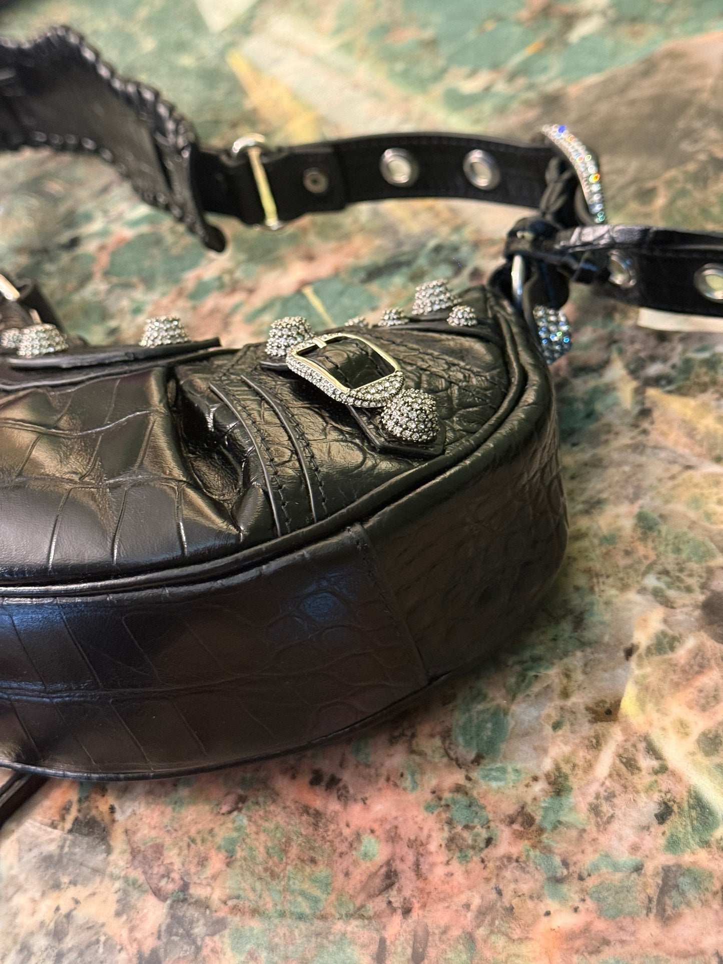 BALENCIAGA BLACK EMBOSSED CROCODILE WITH STRASS LE CAGOLE XS SHOULDER BAG