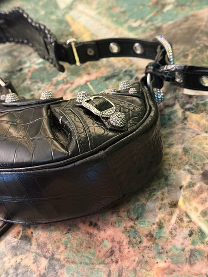 BALENCIAGA BLACK EMBOSSED CROCODILE WITH STRASS LE CAGOLE XS SHOULDER BAG