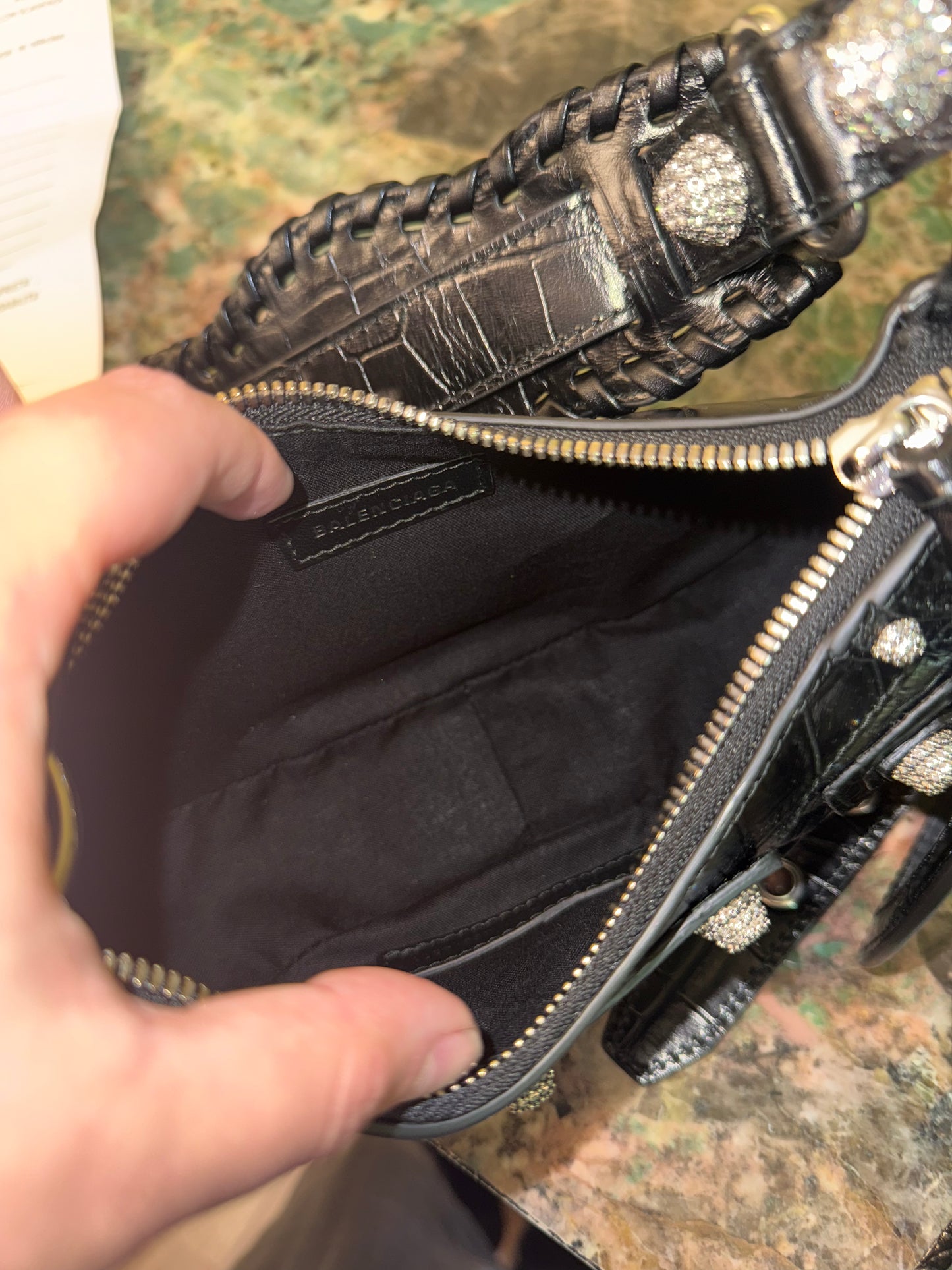 BALENCIAGA BLACK EMBOSSED CROCODILE WITH STRASS LE CAGOLE XS SHOULDER BAG