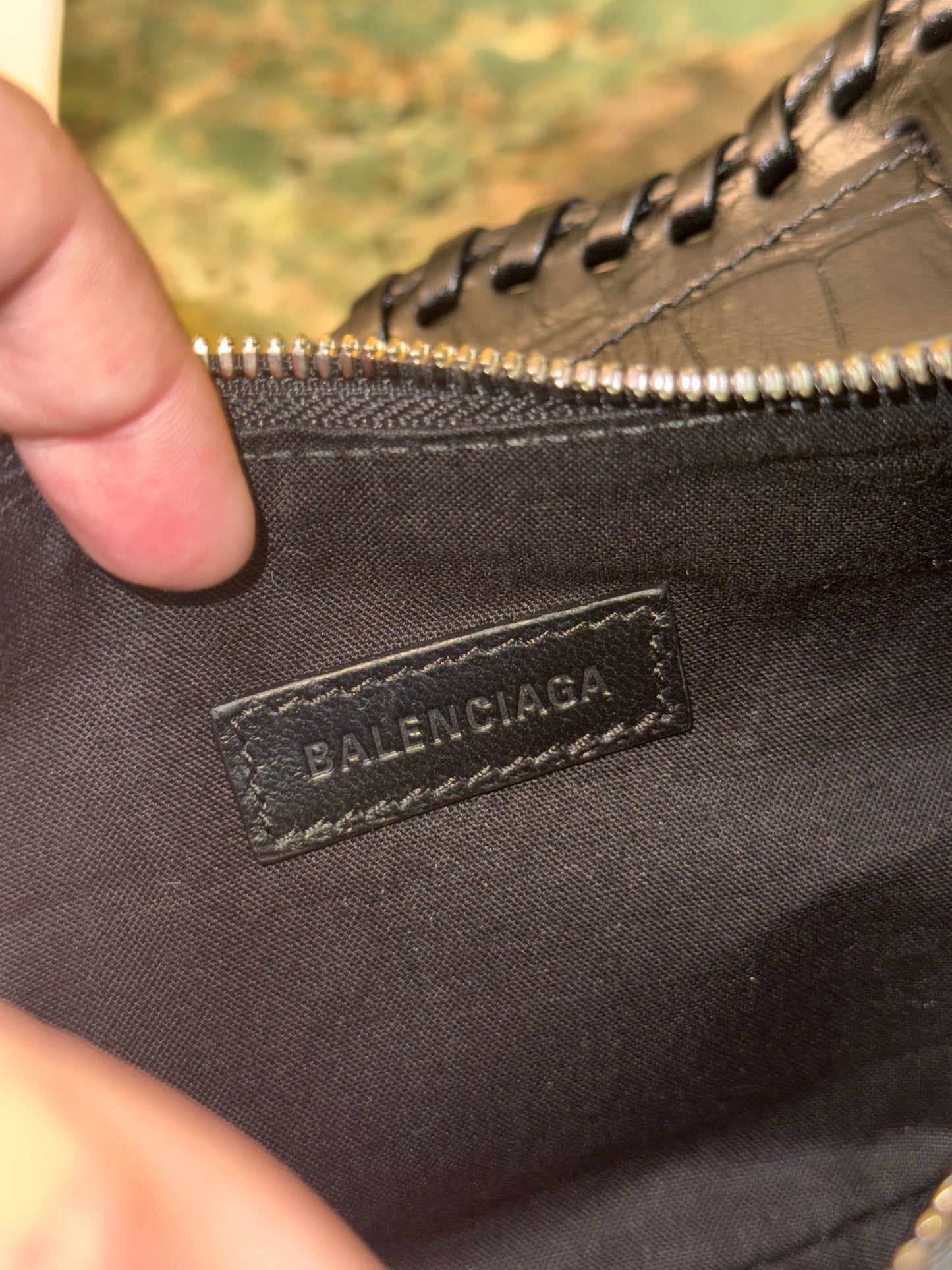 BALENCIAGA BLACK EMBOSSED CROCODILE WITH STRASS LE CAGOLE XS SHOULDER BAG