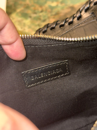 BALENCIAGA BLACK EMBOSSED CROCODILE WITH STRASS LE CAGOLE XS SHOULDER BAG