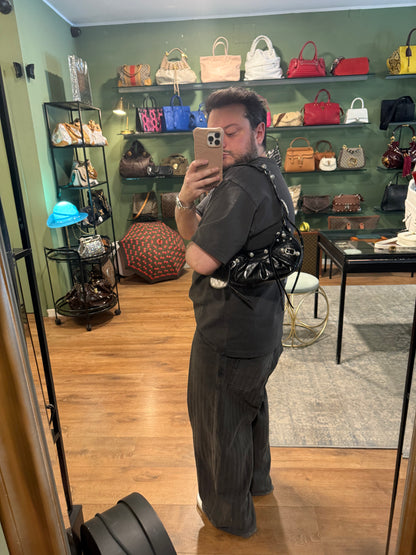BALENCIAGA BLACK EMBOSSED CROCODILE WITH STRASS LE CAGOLE XS SHOULDER BAG