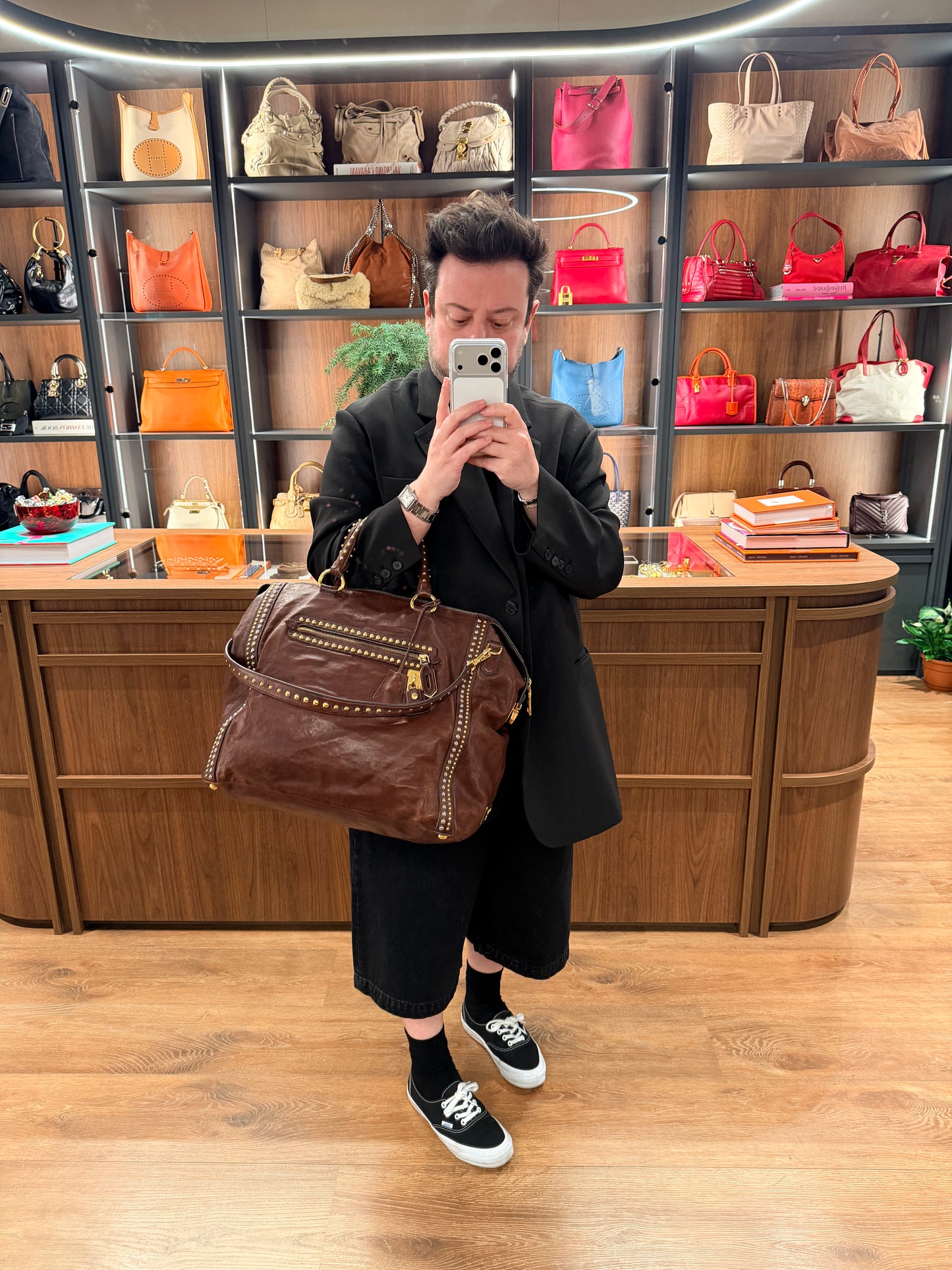 PRADA BROWN STUDDED LARGE HANDBAG