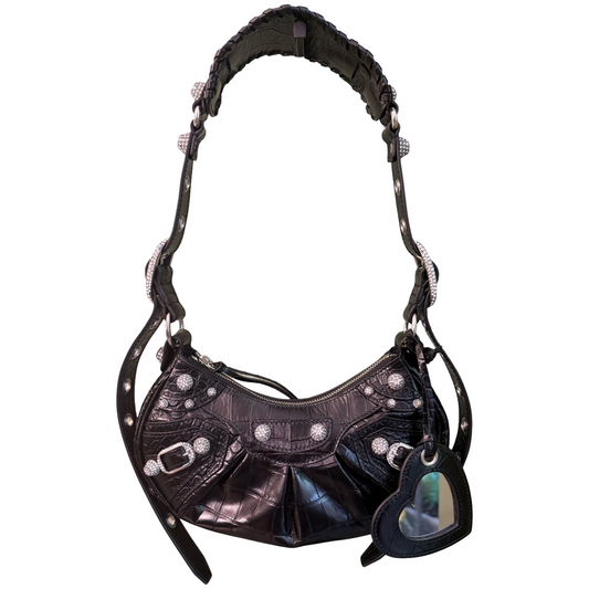 BALENCIAGA BLACK EMBOSSED CROCODILE WITH STRASS LE CAGOLE XS SHOULDER BAG
