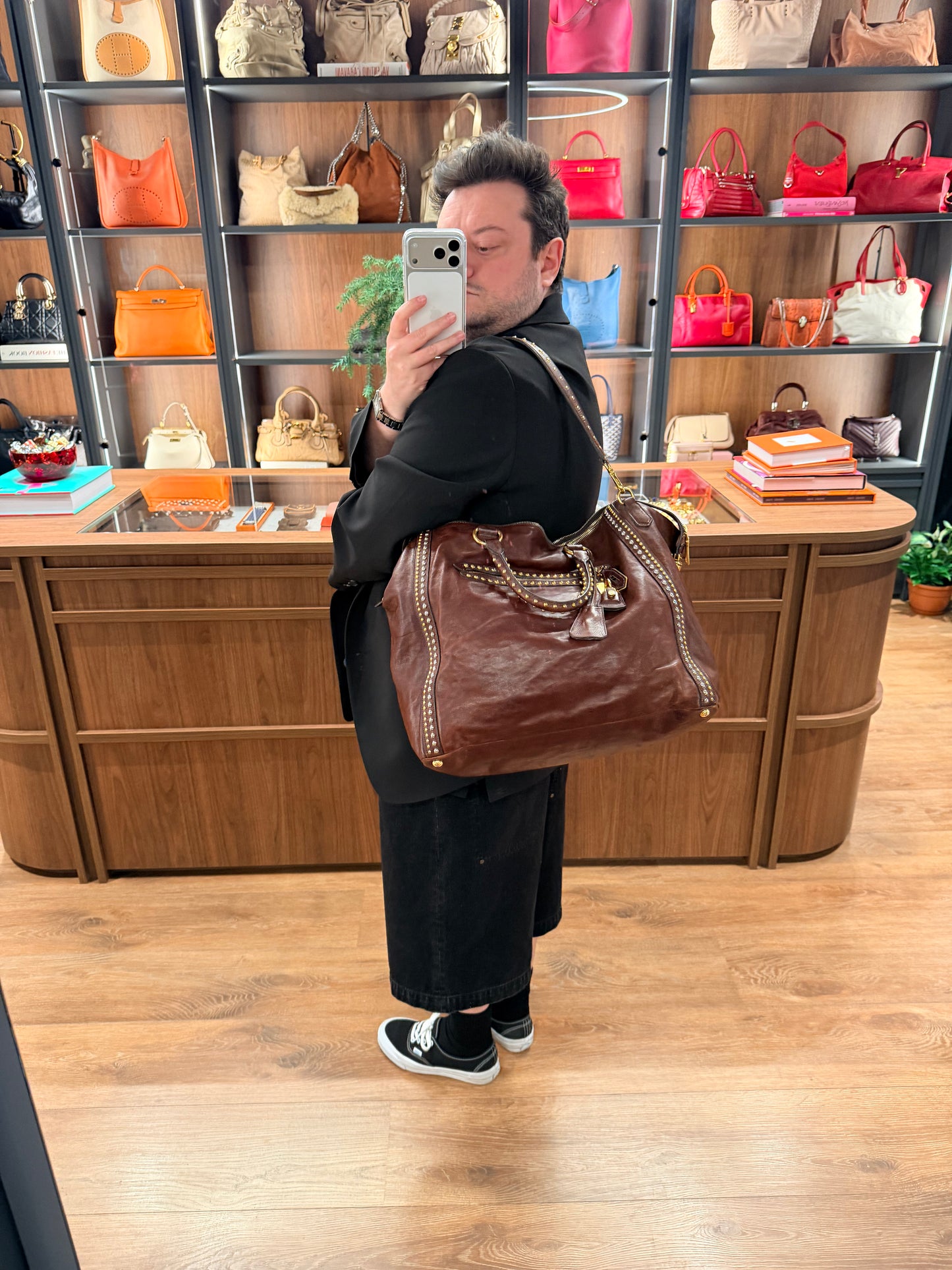 PRADA BROWN STUDDED LARGE HANDBAG