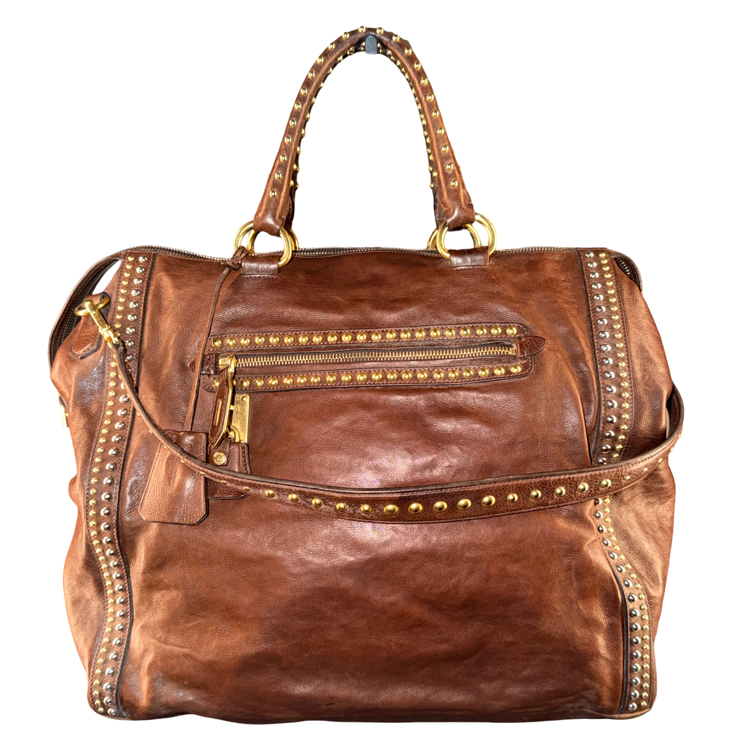 PRADA BROWN STUDDED LARGE HANDBAG