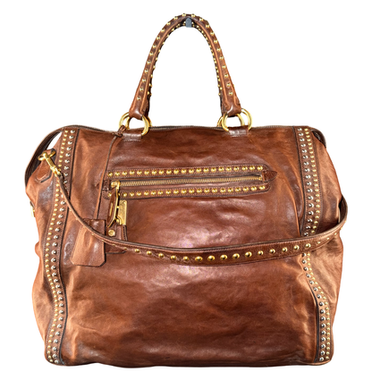 PRADA BROWN STUDDED LARGE HANDBAG