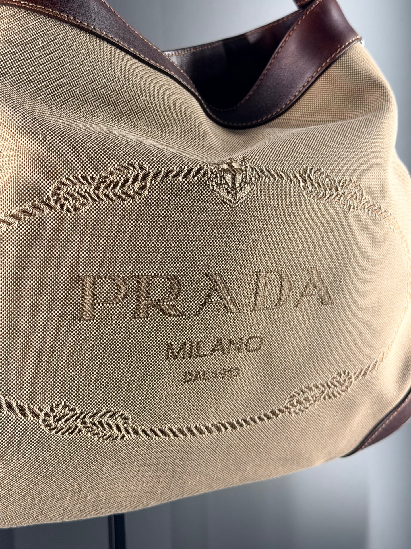 PRADA BROWN MAXI LOGO HOBO BAG