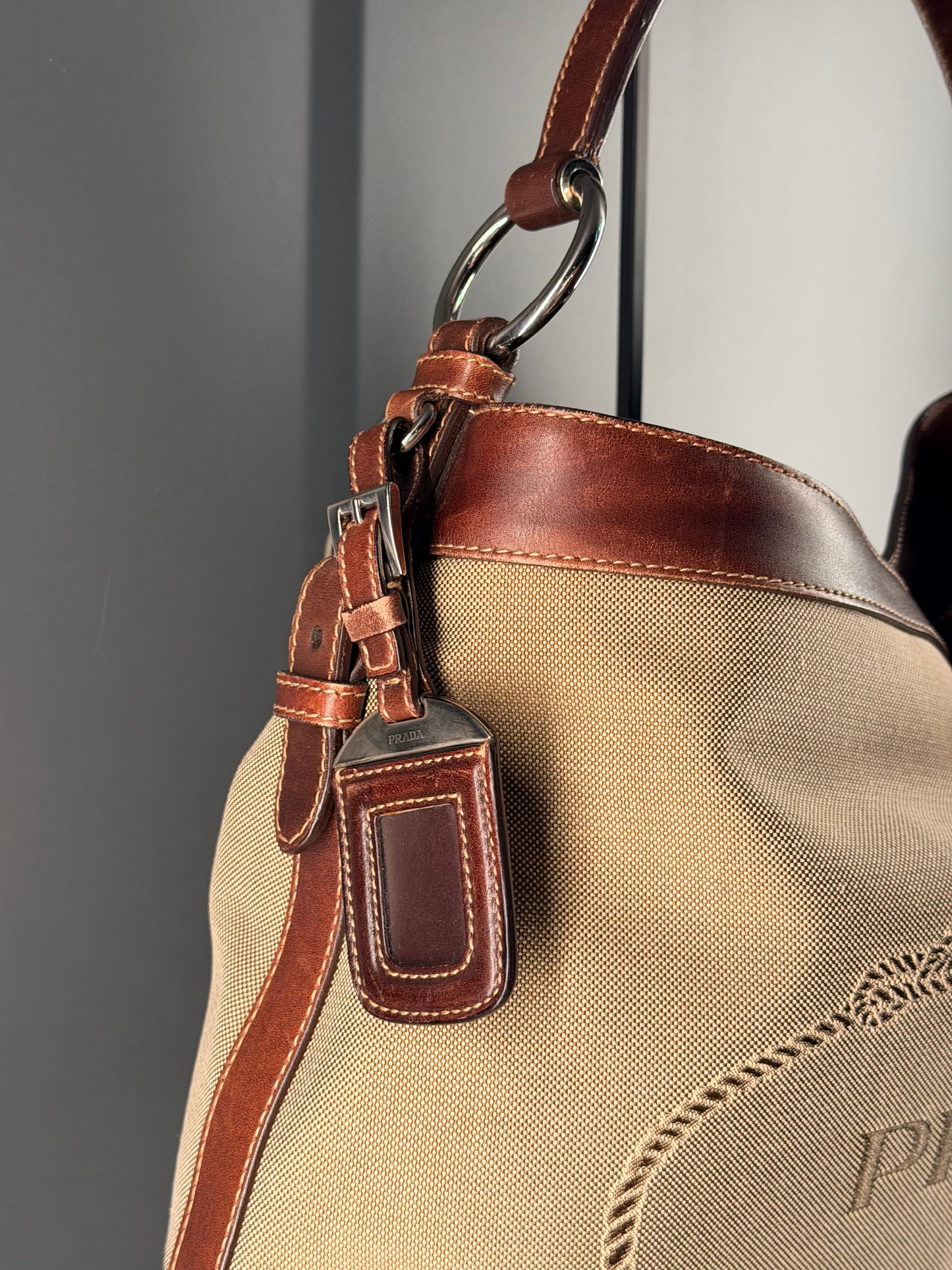 PRADA BROWN MAXI LOGO HOBO BAG