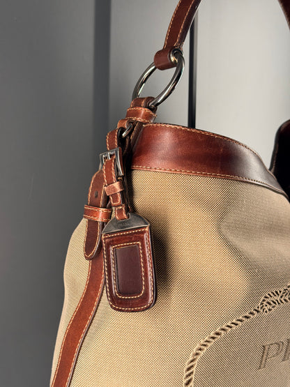PRADA BROWN MAXI LOGO HOBO BAG