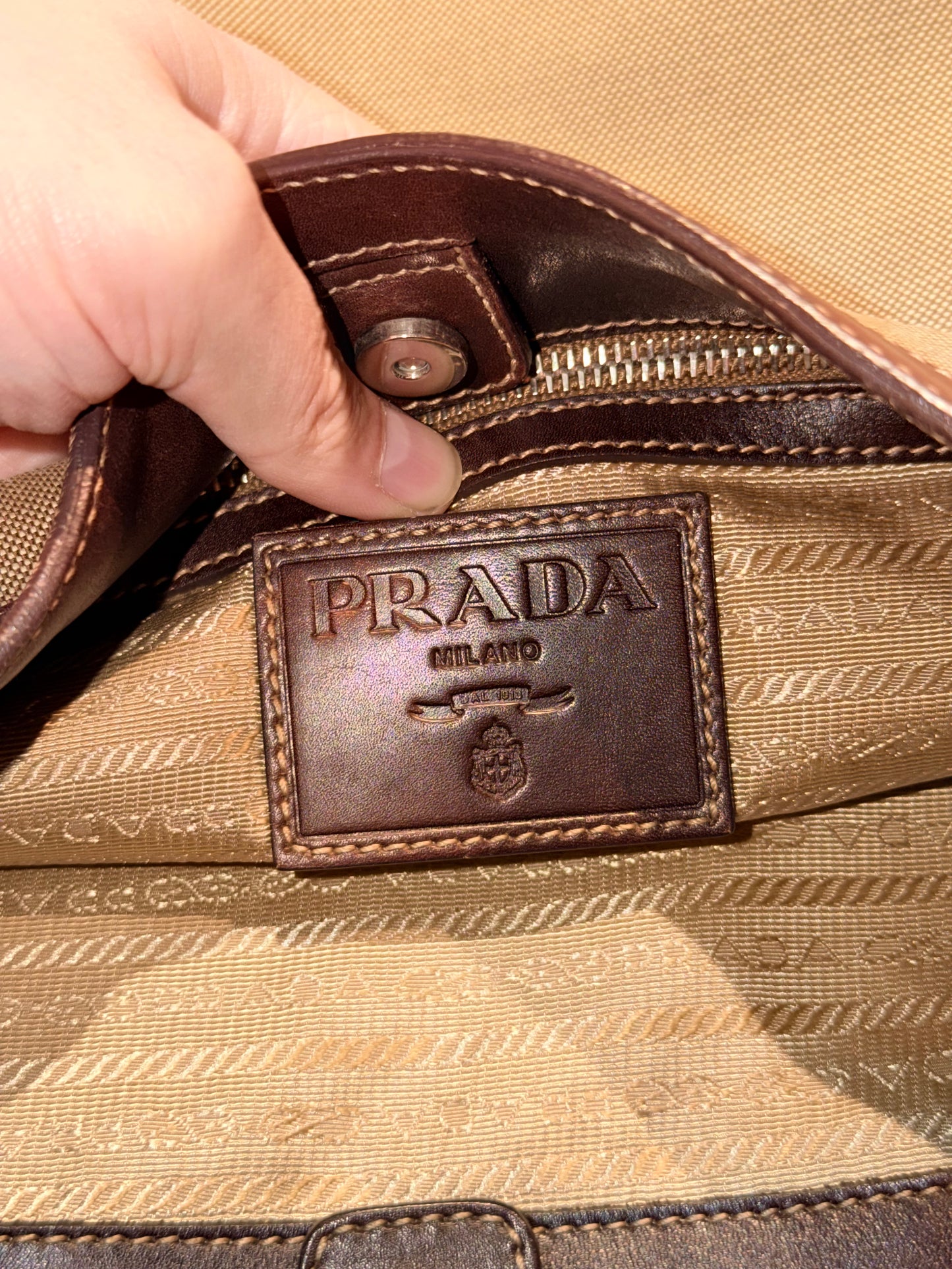 PRADA BROWN MAXI LOGO HOBO BAG