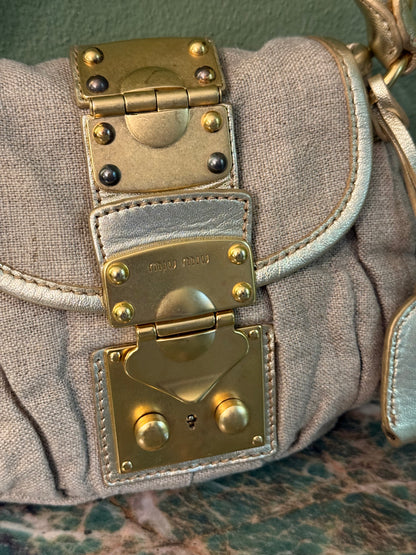 MIU MIU BEIGE LINEN MINI COFFER HANDBAG