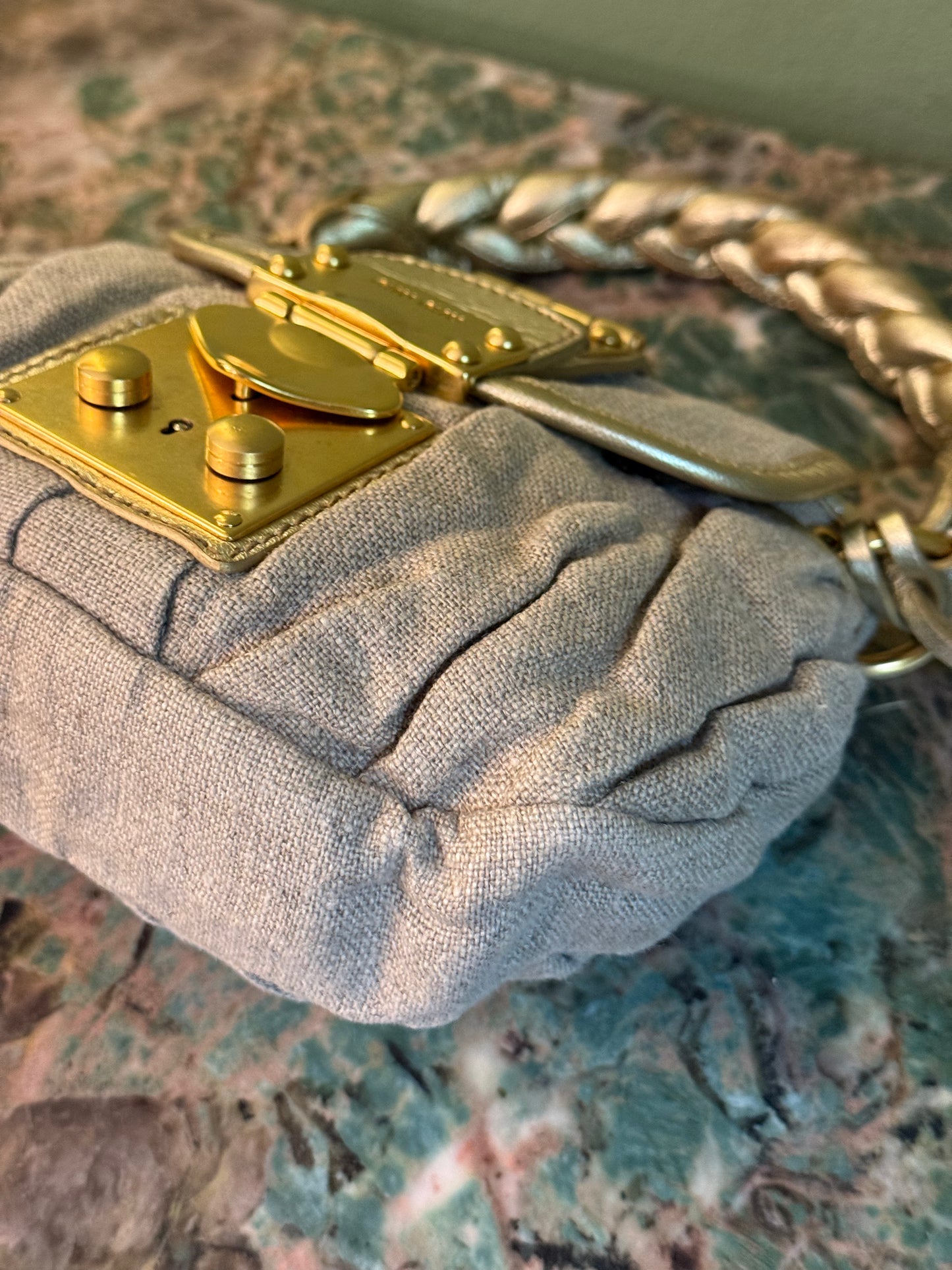 MIU MIU BEIGE LINEN MINI COFFER HANDBAG
