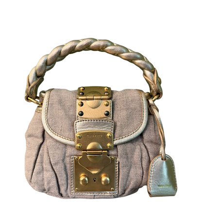 MIU MIU BEIGE LINEN MINI COFFER HANDBAG