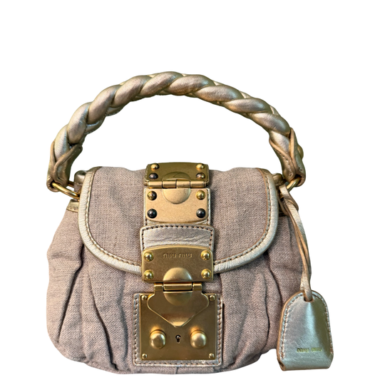 MIU MIU BEIGE LINEN MINI COFFER HANDBAG