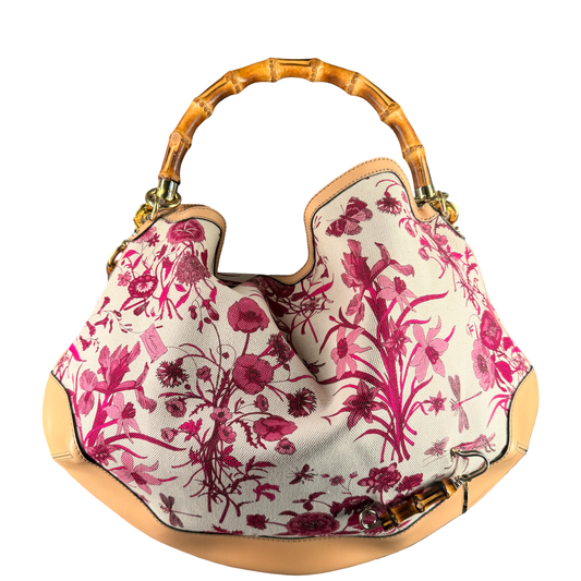 GUCCI BY FRIDA GIANNINI PINK FLORA PEGGY BAMBOO HOBO BAG