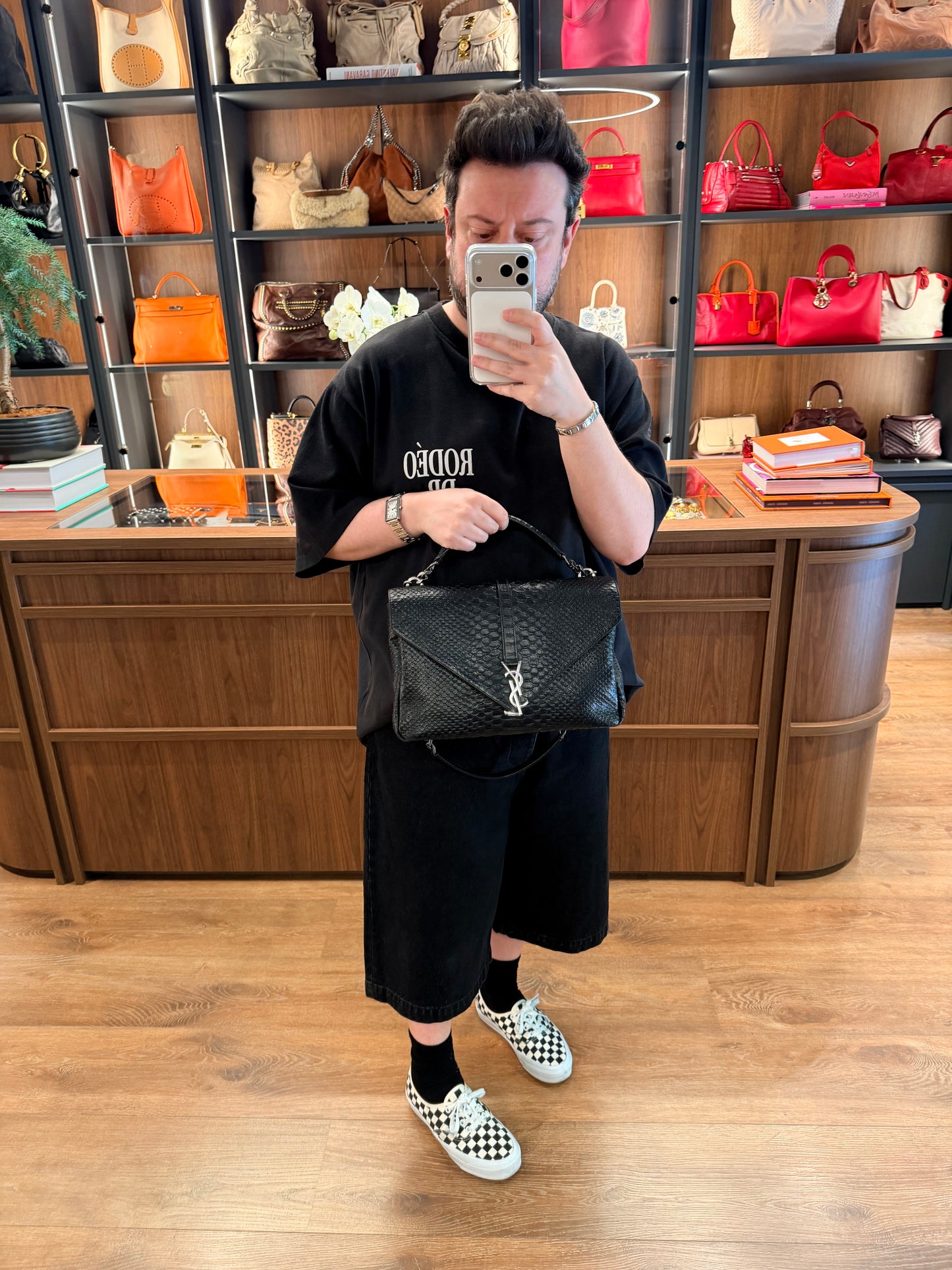 SAINT LAURENT BLACK PYTON LARGE COLLEGE HANDBAG