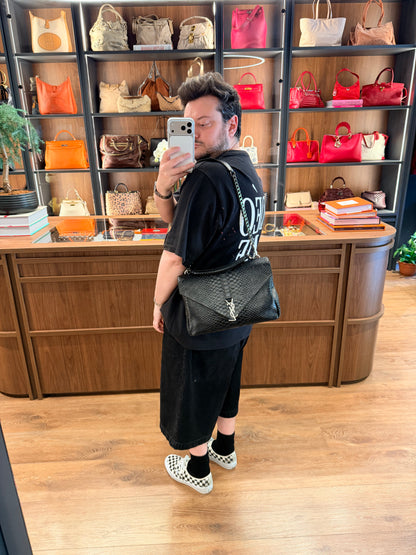 SAINT LAURENT BLACK PYTON LARGE COLLEGE HANDBAG