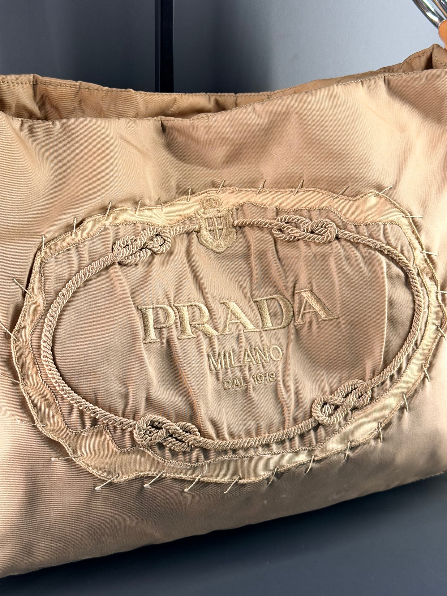 PRADA BEIGE NYLON MAXI LOGO SHOULDER BAG