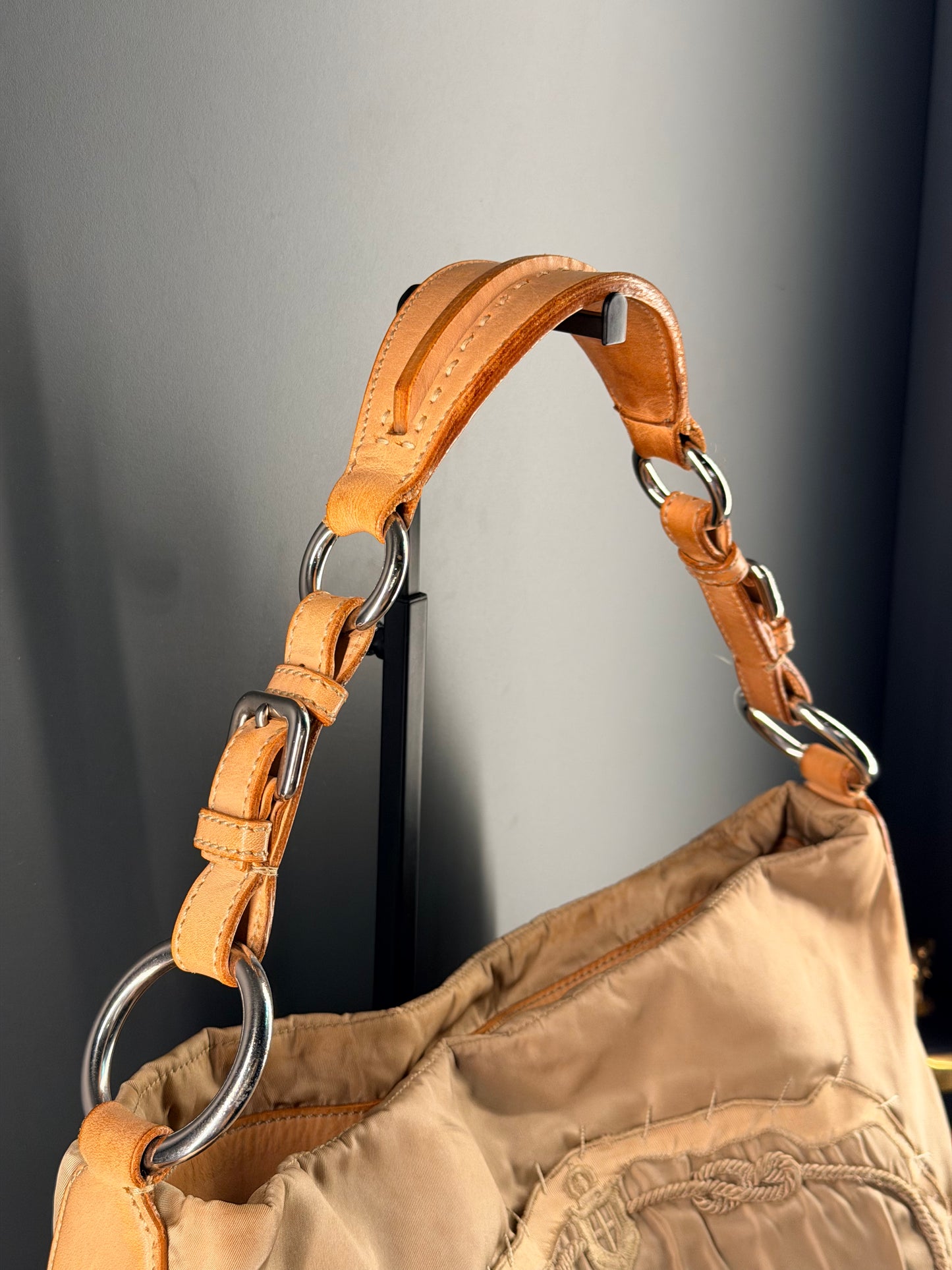 PRADA BEIGE NYLON MAXI LOGO SHOULDER BAG