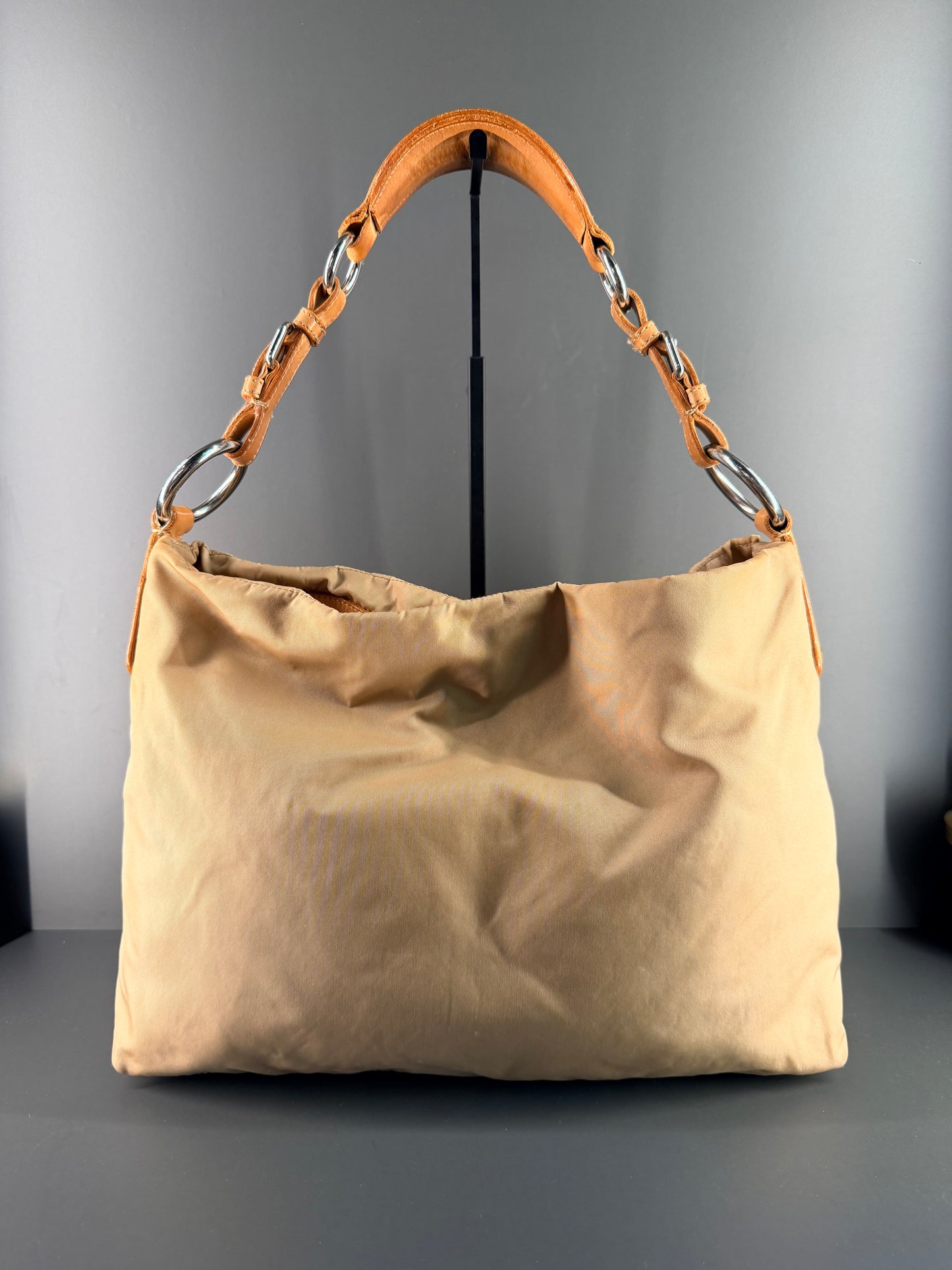 PRADA BEIGE NYLON MAXI LOGO SHOULDER BAG