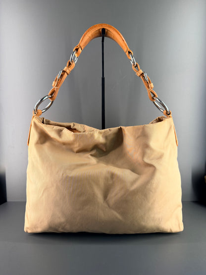 PRADA BEIGE NYLON MAXI LOGO SHOULDER BAG
