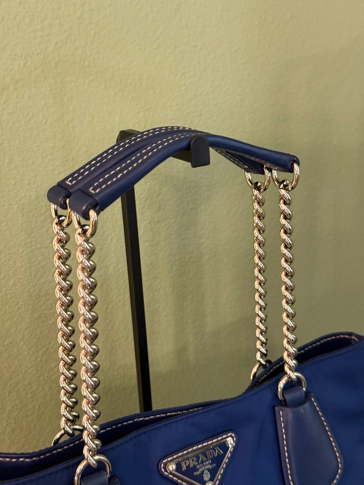 PRADA BLUE NYLON CHAIN HANDBAG
