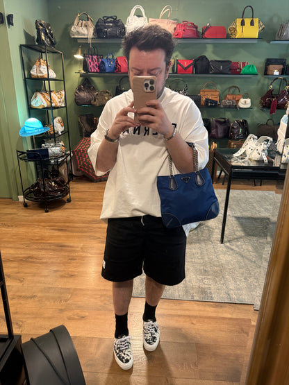 PRADA BLUE NYLON CHAIN HANDBAG