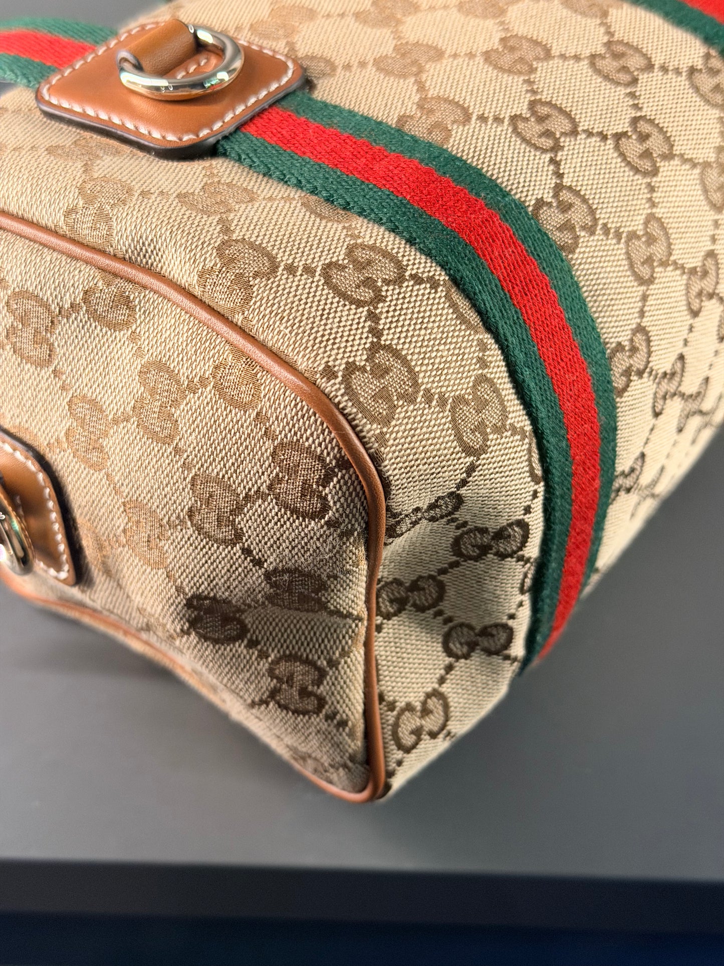 GUCCI TAN GG CANVAS SMALL BOSTON BAG