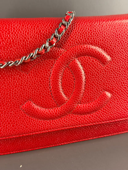 CHANEL RED CAVIAR WALLET ON CHAIN