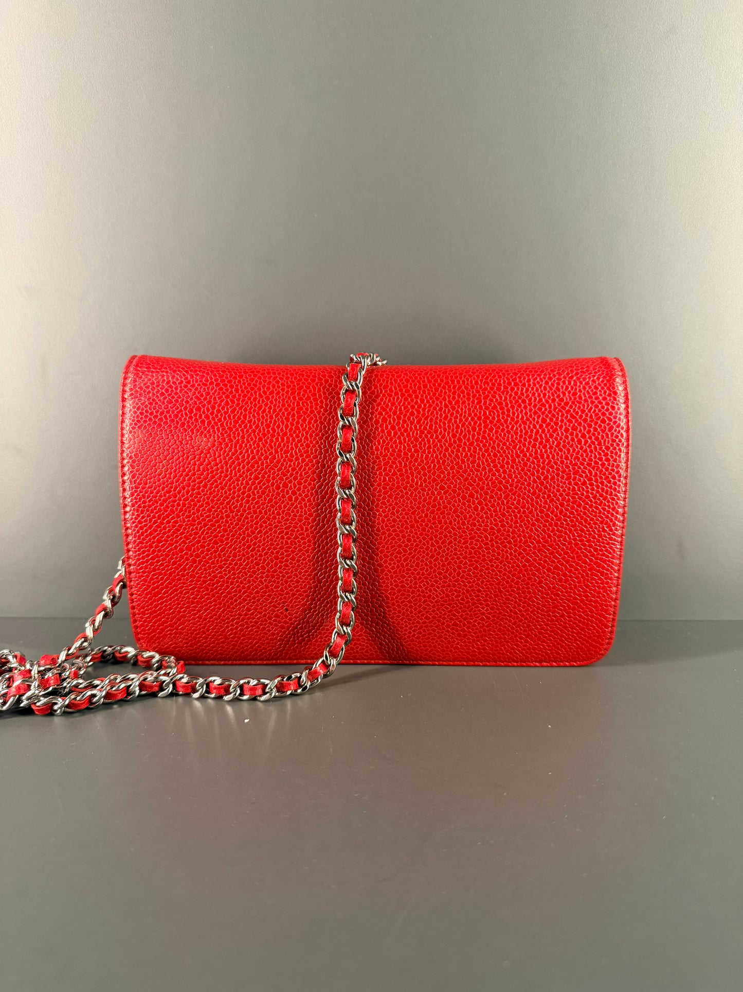 CHANEL RED CAVIAR WALLET ON CHAIN