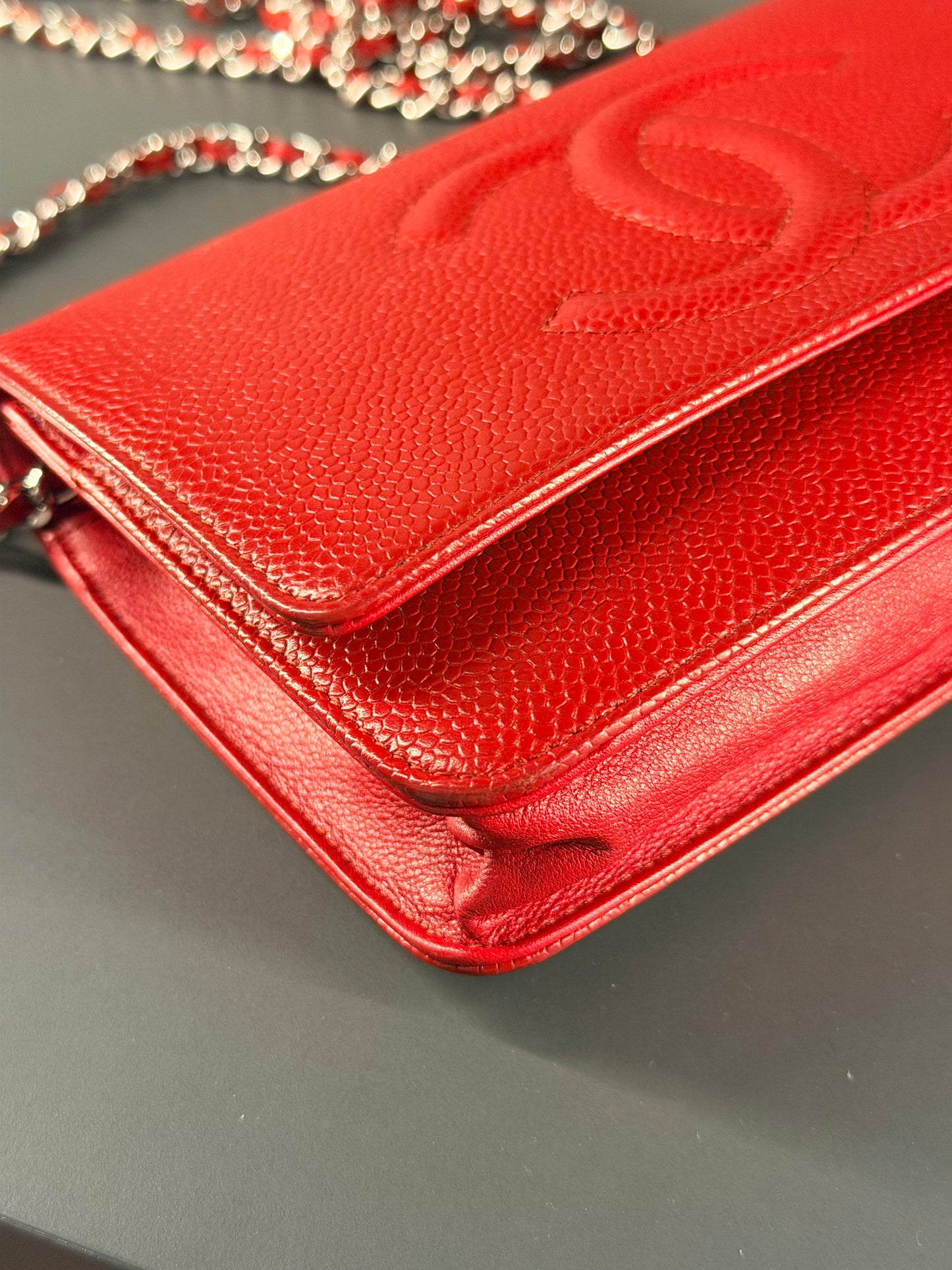 CHANEL RED CAVIAR WALLET ON CHAIN
