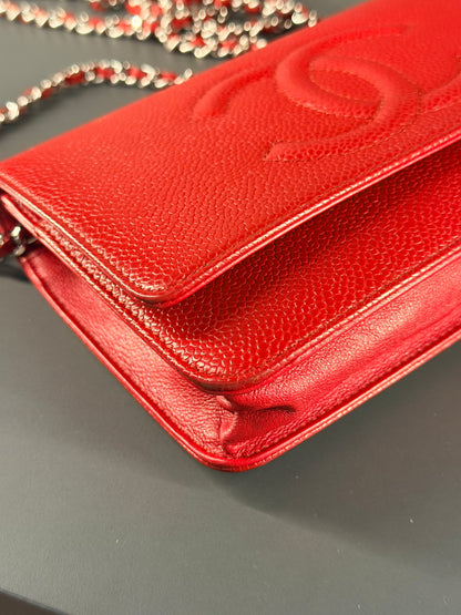 CHANEL RED CAVIAR WALLET ON CHAIN