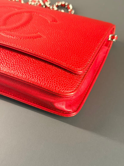 CHANEL RED CAVIAR WALLET ON CHAIN