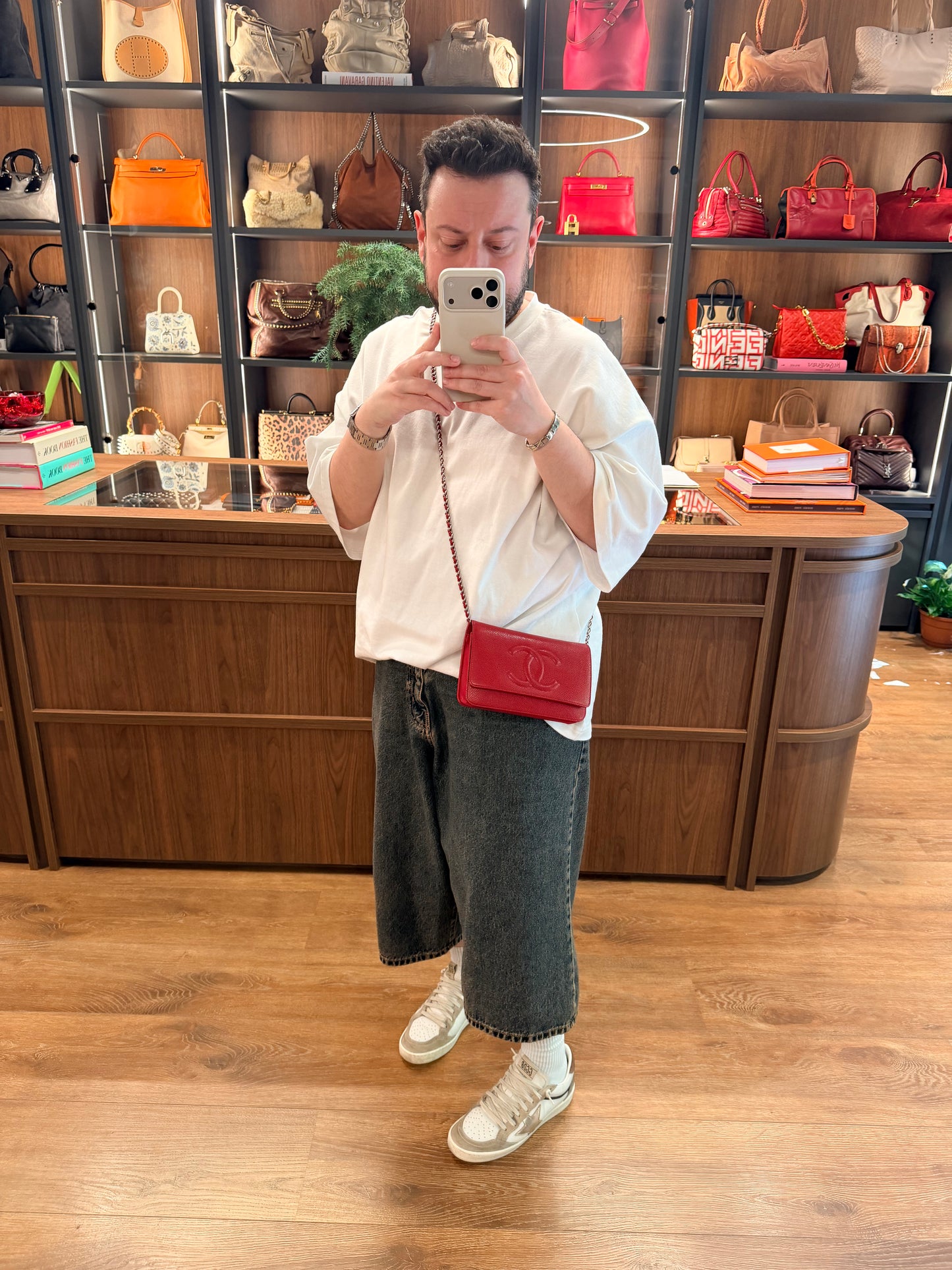 CHANEL RED CAVIAR WALLET ON CHAIN