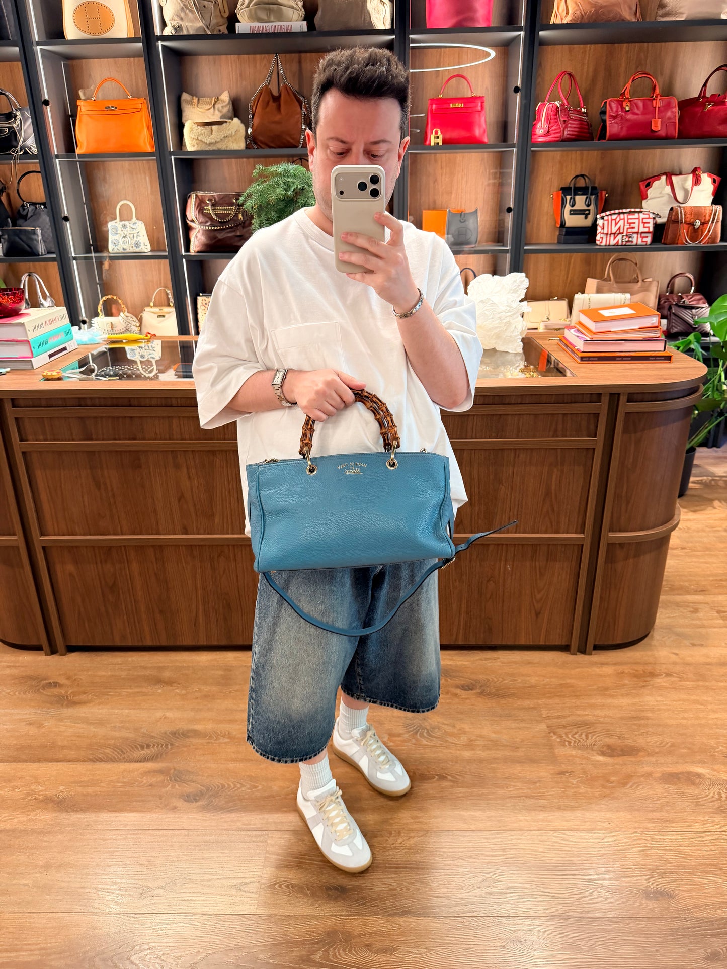GUCCI LIGHT BLUE MEDIUM BAMBOO SHOPPER HANDBAG