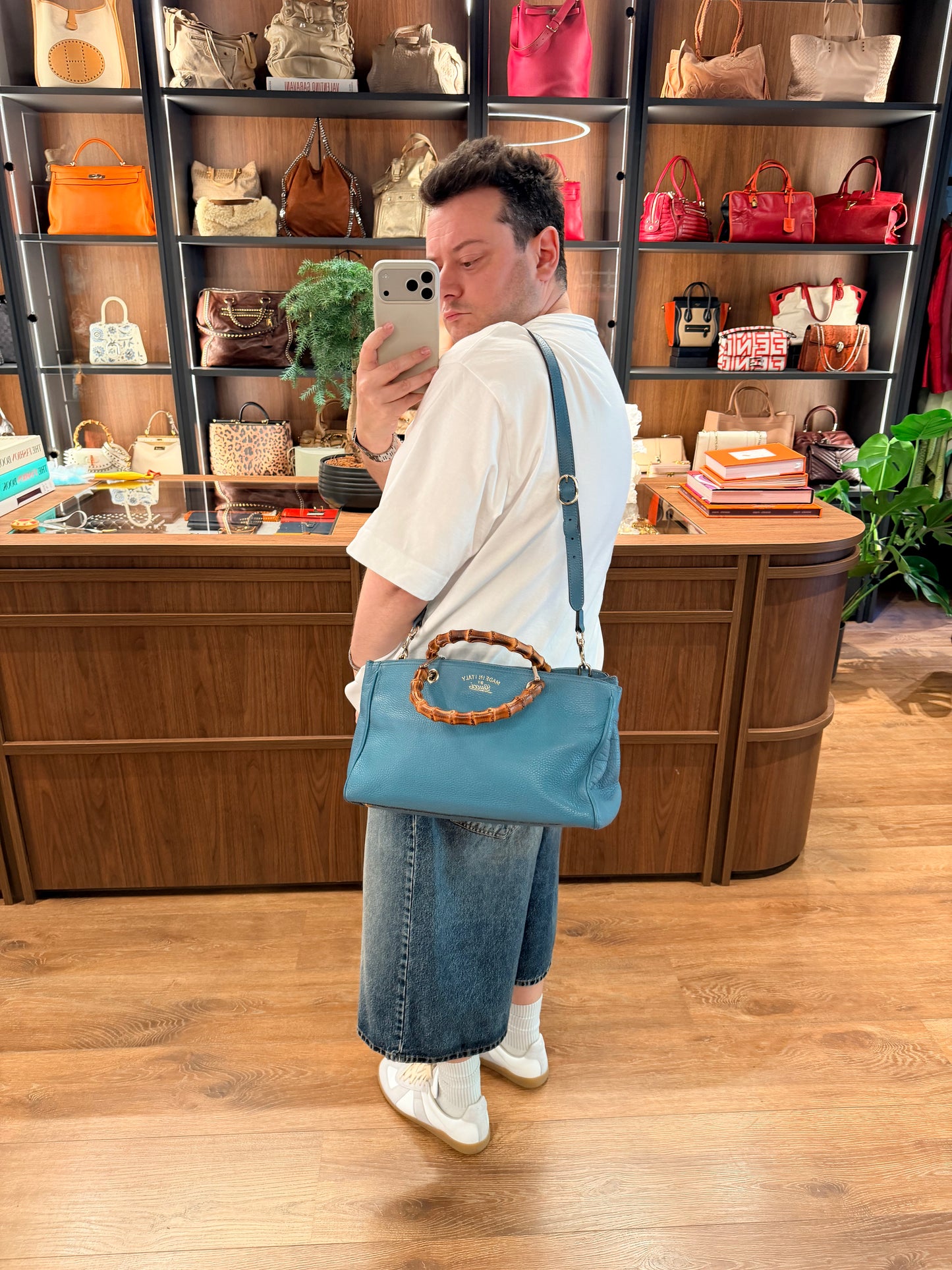 GUCCI LIGHT BLUE MEDIUM BAMBOO SHOPPER HANDBAG