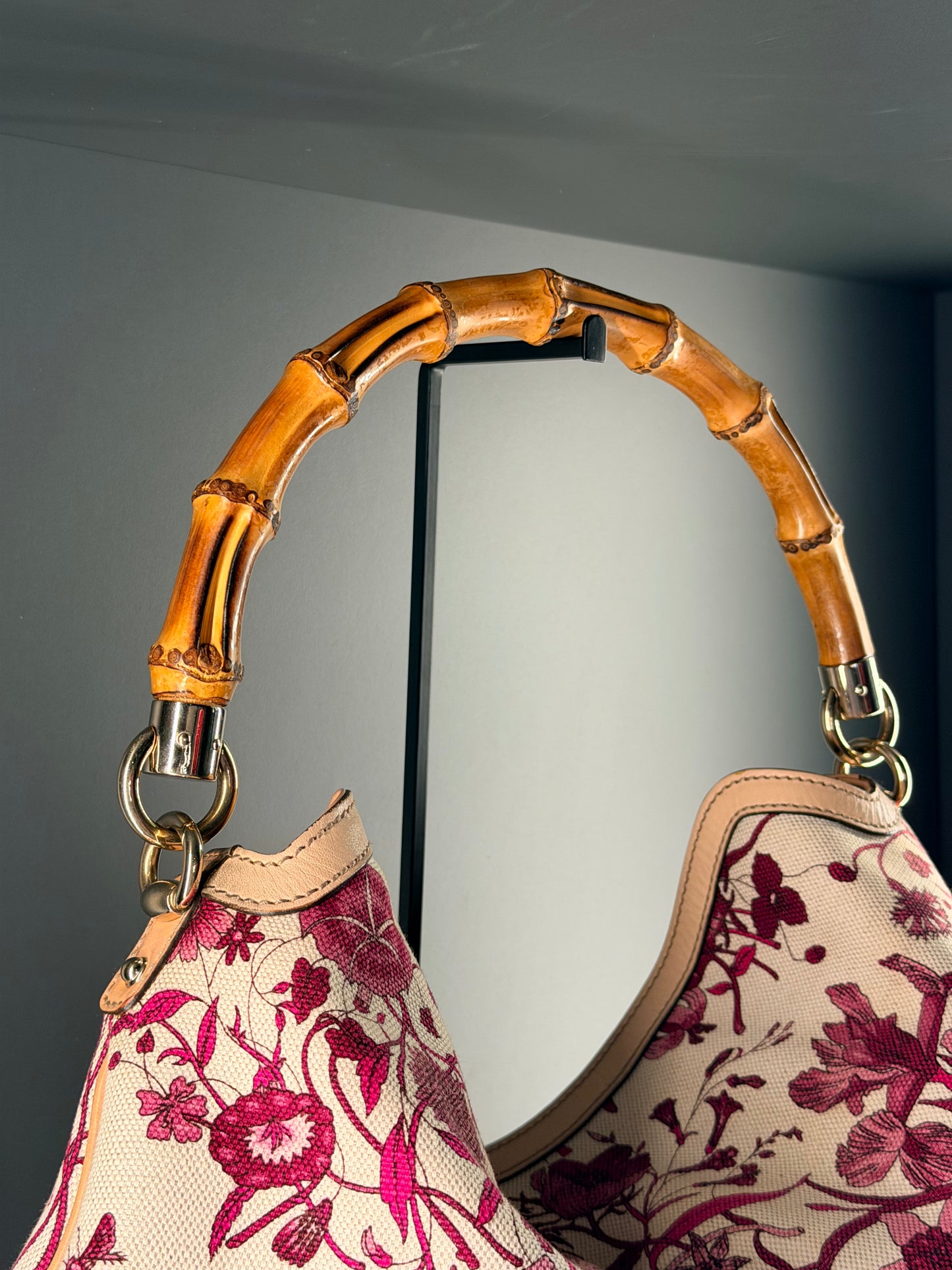 GUCCI BY FRIDA GIANNINI PINK FLORA PEGGY BAMBOO HOBO BAG