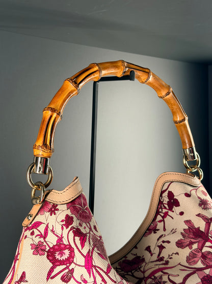 GUCCI BY FRIDA GIANNINI PINK FLORA PEGGY BAMBOO HOBO BAG