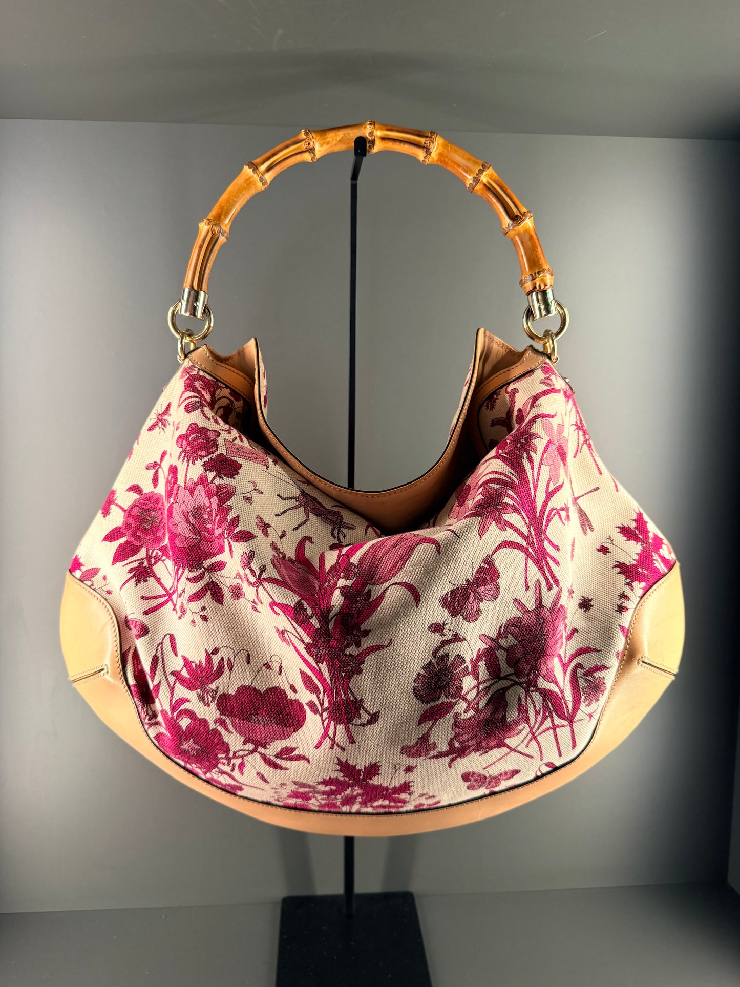 GUCCI BY FRIDA GIANNINI PINK FLORA PEGGY BAMBOO HOBO BAG